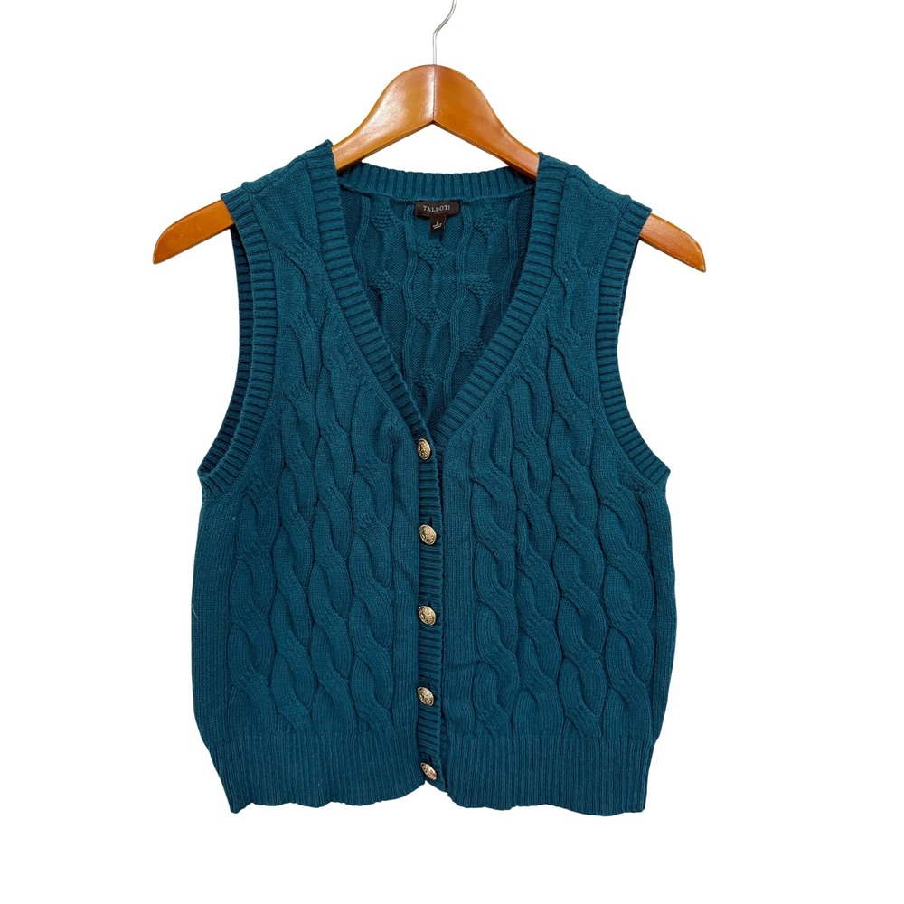 Talbots Women Sweater Vest S Teal Cable Knit Gold Button Cardigan Preppy Wool